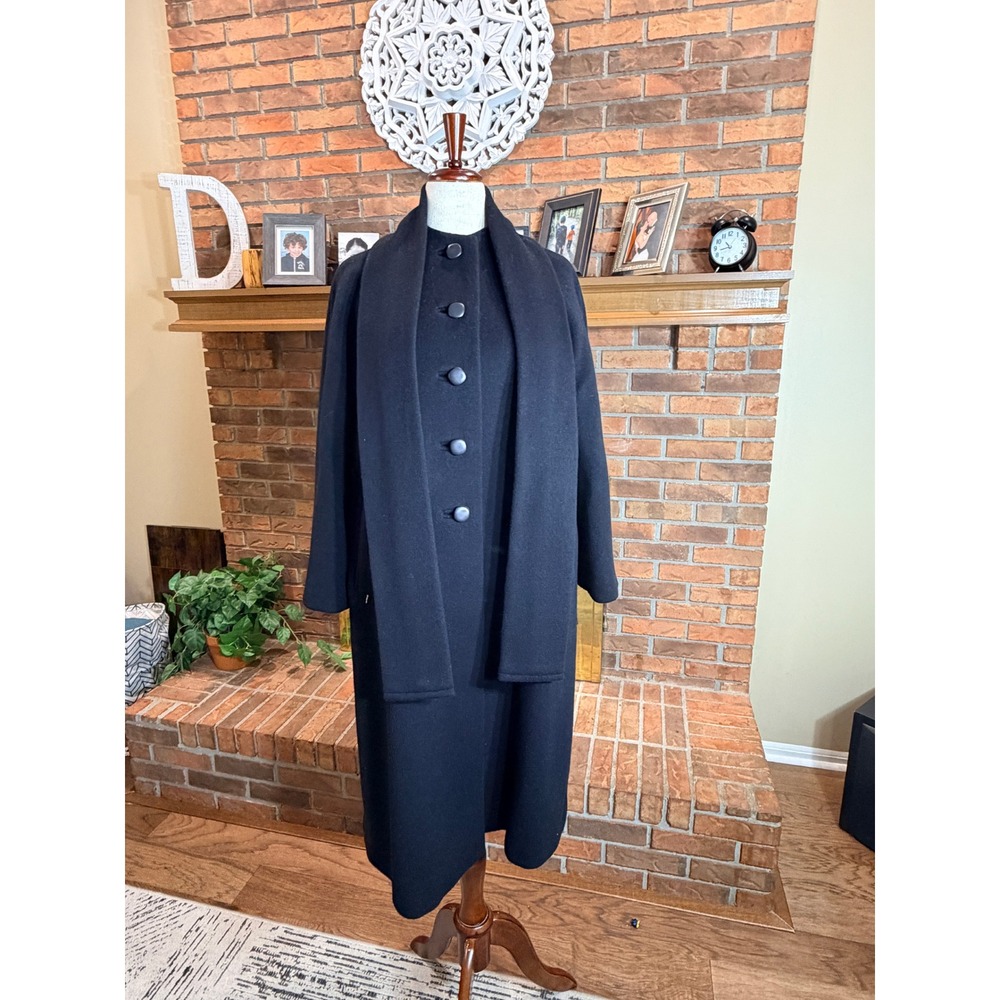 Sycamore Wool Coat Women Black Vintage 70s Scarf Neck Satin Lined L/XL